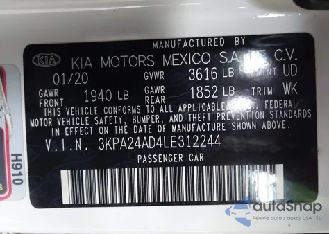 2020 Kia Rio S z USA, uszkodzony, nr VIN 3KPA24AD4LE312244